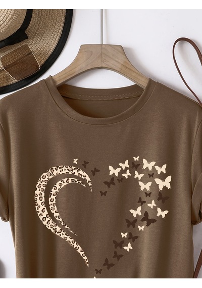 Unisex Leopar Kelebekli Kalp Tasarım Basklı Tshirt Kahverengi