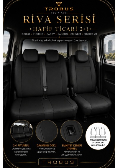 Citroen Berlingo 2004-2018 Uyumlu Riva Serisi 2+1 Ticari Siyah Ortopedik Koltuk Kılıfı