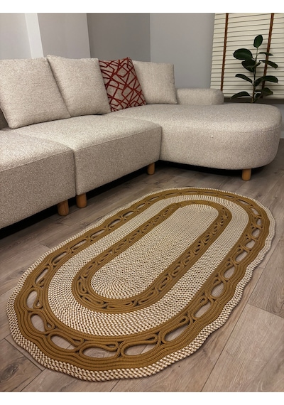 Mavaux Sarmaşık Model Oval Hasır Görünümlü Jüt Kilim Paspas Halı Jüt