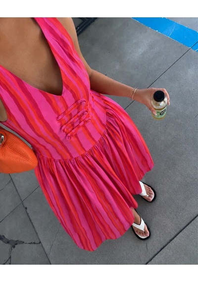 Asurboutique Asur Butik Kadın Fuşya Pembe Çizgili V Yaka Midi Elbise Kolsuz Yazlık Günlük Şık Elbise