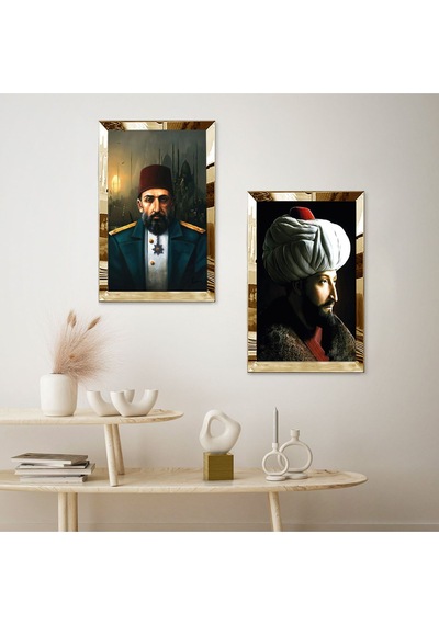 Gold Aynalı Pleksi Çerçeveli Fatih Sultan Mehmet Ve Padişah Abdülhamid İkili Mdf Tablo Seti