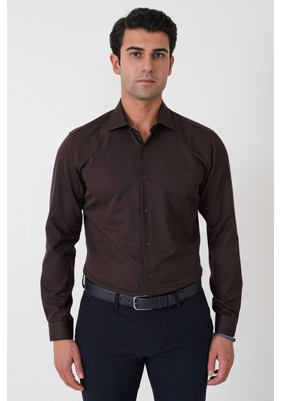 Slim Fit Pamuk Saten Klasik Kahverengi Gömlek Gk 604
