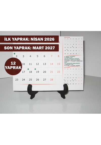 Nisan 2026 - Mart 2027 Yılı Masa Takvimi 12 Yaprak Takvim Hicri Dini Günler Resmi Tatiller