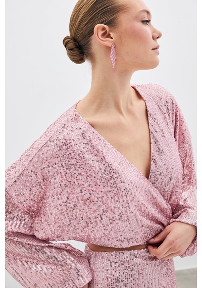 Sateen Payetli Kruvaze Bluz - Pudra-135412 Pudra
