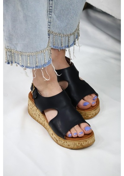 Asmi Shoes Kadın Elena Mantar Taban Ortopedik Sandelet Siyah Siyah