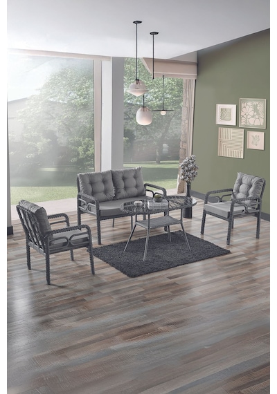 Rio Rattan Bahçe Balkon Oturma Takımı 2+1+1+camlı Masa Gri Gri