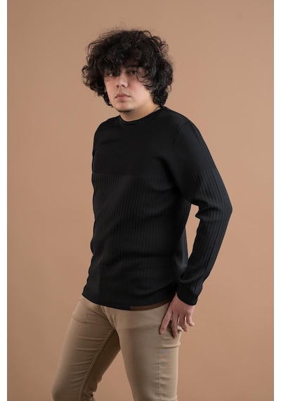 Bisiklet Yaka Likralı Microfilament Kumaş Slimfit Erkek Sweatshirt Siyah