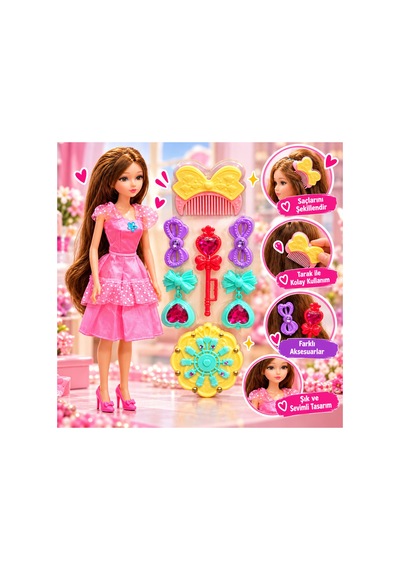 Aksesuarlı Oyuncak Bebek Seti, Saç Aksesuarları Dahil Pembe - 928050743