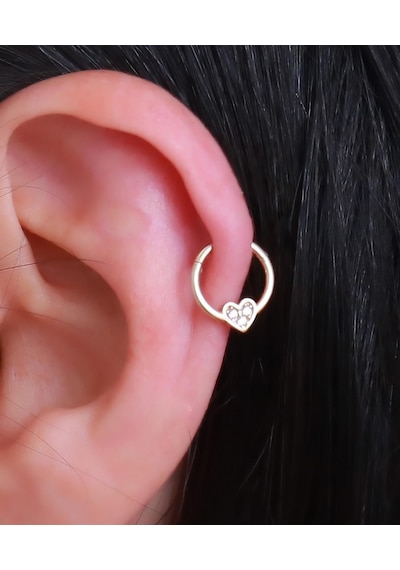 14 Ayar Altın Taşlı Kalp Halka Tragus Piercing Sarı Altın
