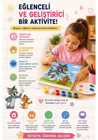 Tom & Jerry Baskılı Boyama Tuvali Seti 20x20 Cm 6 Renk Akrilik Boya + Fırça Dahil Çocuklar İçin
