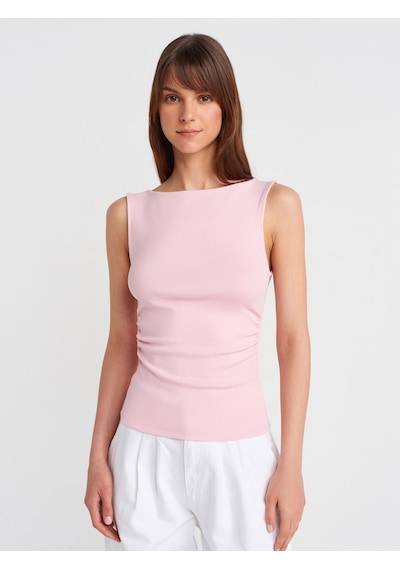Dilvin 31589 Büzgülü Kayık Yaka Top-toz Pembe Toz Pembe