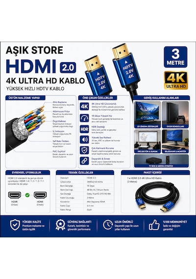 Hdmı 2.0 Kablo 3 Metre 4k Ultra Hd 18gbps Altın Uçlu Hdr Destekli Tv Monitör Ps5 Xbox Laptop Uyumlu