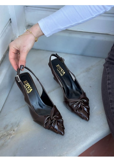 Ervanın Butiği Kahve Kırışık Deri Bow Fiyonk Detay Kadın Stiletto-6089