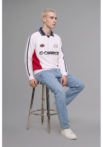 Defacto Boxy Fit Polo Yaka Uzun Kollu Baskılı Sweatshirt H4249ax26auer105 Ekru-er105