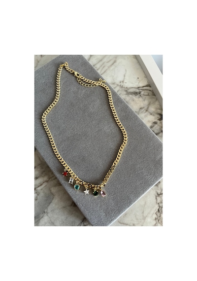 Renkli Taşlı Charm Detaylı Gold Zincir Kolye Şık Kadın Kolye Altın