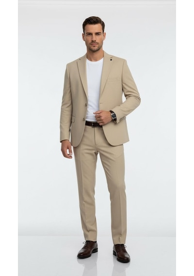 Erkek Slim Fit Mikro Dokulu Takım Elbise Çift Düğmeli Modern Kesim Bej