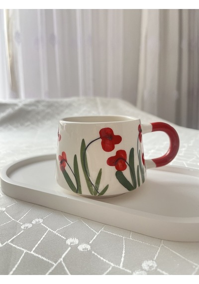 Kırmızı Çiçek Detaylı Kupa Bardak Çay Kahve Fincanı 200 Ml Ekru