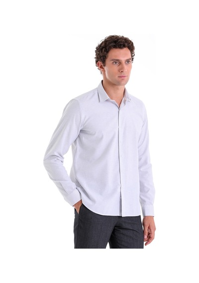 Hatemoğlu Gri Ç. Comfort Fit Çizgili Pamuklu Slim Yaka Uzun Kollu Casual Gömlek Gri
