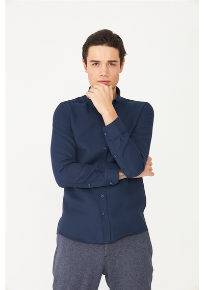 Lacivert Düğmeli Yaka Uzun Kollu Gömlek Slim Fit Laci