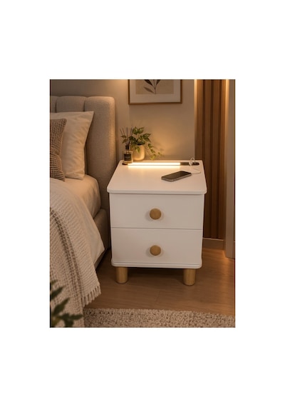 Modern Çekmeceli Komodin, Type-c Ve Usb Girişli, Led Işıklı Başucu, Yatak Odası, Koltuk Yanı Sehpası Ahşap - 931981058 Ahşap