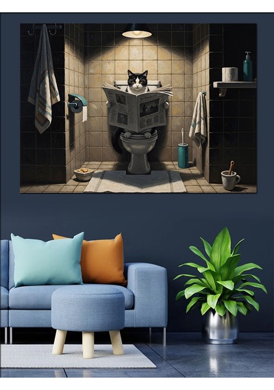 Gazete Okuyan Kedi Banyo Tablosu Dekoratif Kanvas - Mdf Ahşap Tablo