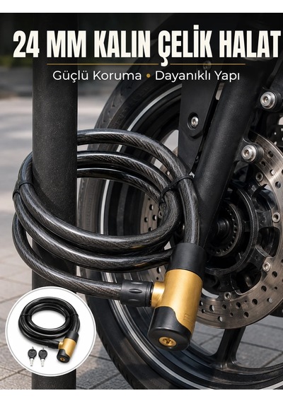 Güçlü Çelik Halat Yapısıyla Motosiklet, Bisiklet Ve Scooter İçin Güvenli Kilit Siyah