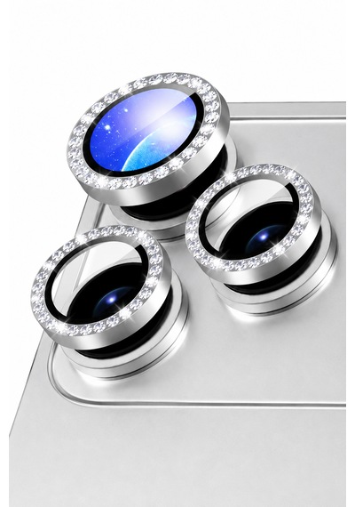 İphone 17 Pro / 17 Pro Max Uyumlu Taşlı Kamera Lens Koruyucu Gümüş