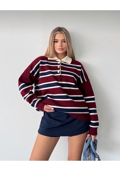 Kadın Çizgili Polo Yaka Oversize Triko Kazak Bordo