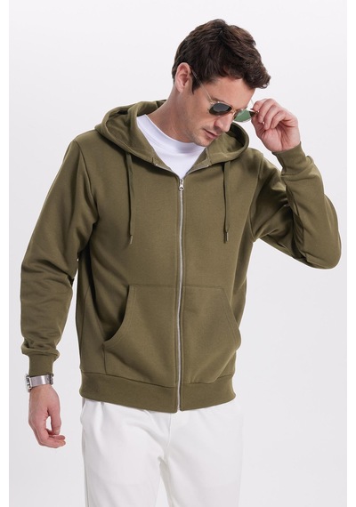 Tudors Unisex Relax Fit Rahat Kesim Pamuklu İçi Polarlı Çift Cepli Tam Fermuarlı Haki Kapüşonlu Sweatshirt-41651 Kahverengi
