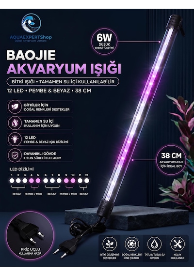 Akvaryum Işığı - Bitki Işığı - Balık Işığı - Tamamen Su İçinde Kullanılabilir - 12 Led - Pembe Beyaz - 38 Cm - Güçlü Aydınlatma - 6w