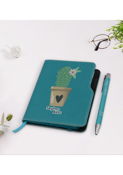 Kişiye Özel Kaktüs Tasarımlı Turkuaz Termo Deri Defter Kalem Seti N11.2143
