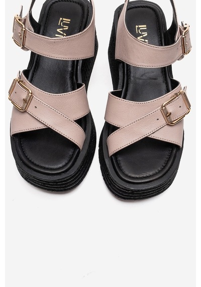 Luvishoes Mırette Buz Hakiki Deri Kadın Dolgu Tabanlı Sandalet Vizon
