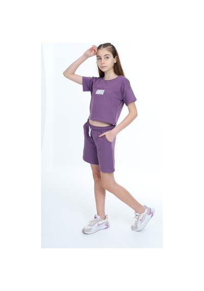 Toontoy Kids Toontoy Kız Çocuk Crop Aloha Yazı Baskılı Şortlu Takım Mor