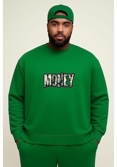 Benroma 3 İplik Penye Money Baskılı Büyük Beden Unisex Sweatshırt Yeşil