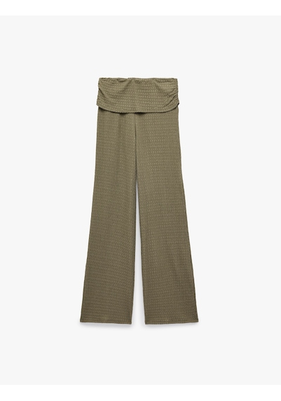 Koton Bürümcük Kumaş Dokulu Katmanlı Düz Bol Paça Pantolon Haki 7wak40125ek