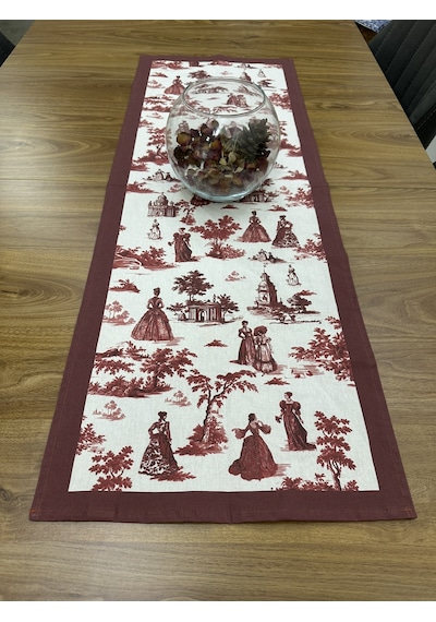 Toile De Jouy Paris Runner 40x110 Cm %100 Pamuk Dijital Baskılı Masa Örtüsü Klasik Fransız Tarzı Masa Dekoru - Zt700 Kırmızı