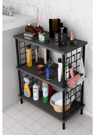3raflı Telli Çevir Kur Çok Amaçlı Banyo Rafı Dolabı Metal Gövdeli Organizer Düzenleyici Saklama Rafı Antrasit