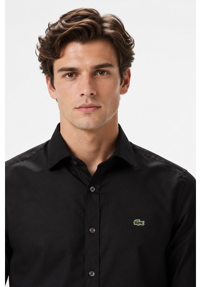 Lacoste Men's Slim Fit Button-down Collar Linen Shirt Erkek Düğmeli Yaka Pamuklu Gömlek Siyah