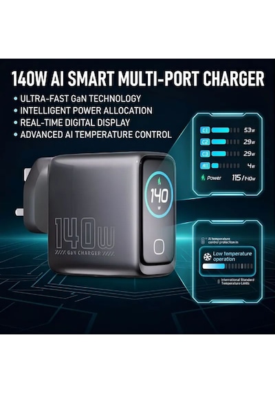 Gan Power Gn-05 140w 4 Portlu Gan Hızlı Şarj Cihazı + 60w Hızlı Şarj Kablosu Hediyeli - Tft Akıllı Renkli Ekran, Yapay Zeka Sıcaklık Kontrollü Adaptör .
