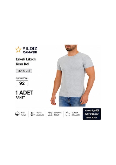 Yıldız Çamaşır Erkek Likralı Kısa Kol Bady Fanila Atlet 90-91-92 - 1 Adet Gri