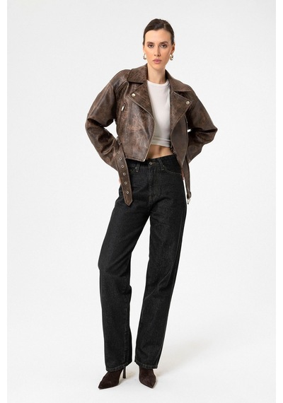 Antioch Kadın Suni Deri Crop Biker Ceket Kahve
