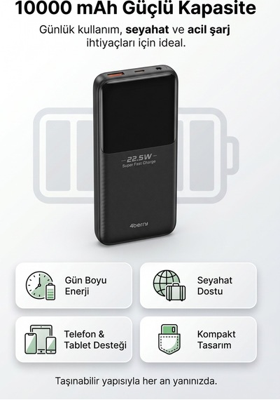 4berry Y376 10000mah 22.5w Süper Hızlı Şarj Type-c Ve Lightning Kablolu Powerbank Siyah