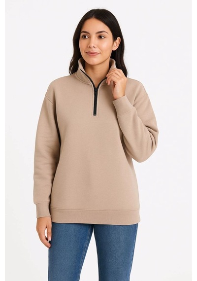 Kadın 3 İplik Dık Yaka Yarım Fermuarlı Sweatshirt - Bej
