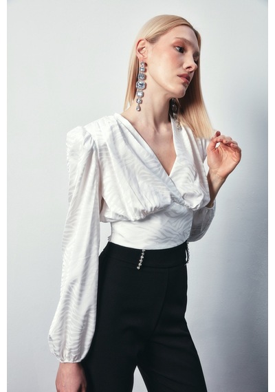Sateen Desenli Kruvaze Saten Bluz - Ekru-134488 Ekru