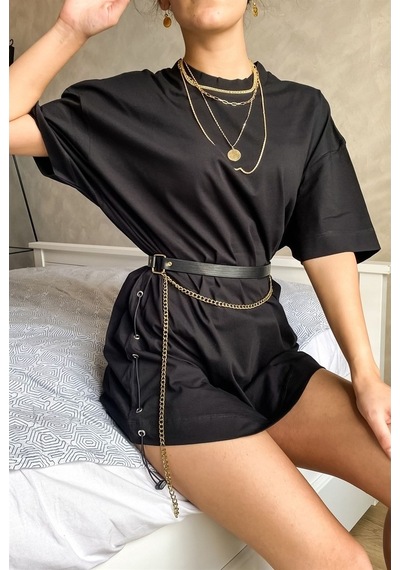 Jahr Marc Yanları Lastikli Oversize Siyah T-Shirt Elbise