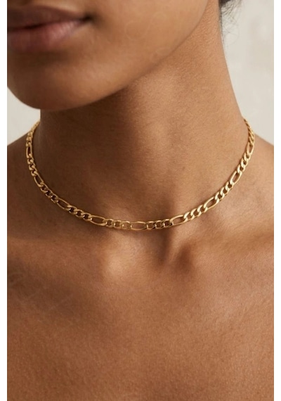 Gold Figaro Model Choker Çelik Zincir Kolye Kadın Kolye Choker Serisi