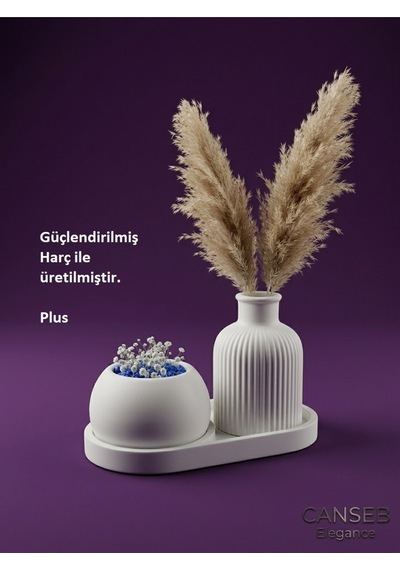 Üçlü Dekoratif Sukulent Saksı & Çizgili Pampas Vazosu Seti 89883092