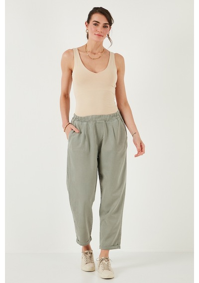 Lela Slim Fit Normal Bel Boru Paça Bayan Pantolon 668Yp5372 Açık Haki