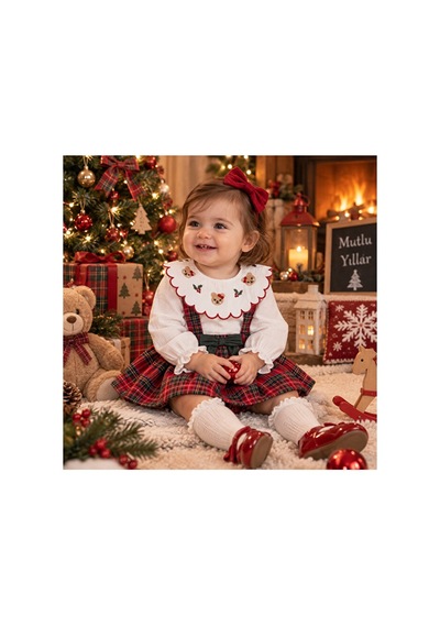 Ministok Baby Bloom Ekose Desenli Yakası Nakışlı Kız Bebek Blüzlü Salopet Kırmızı