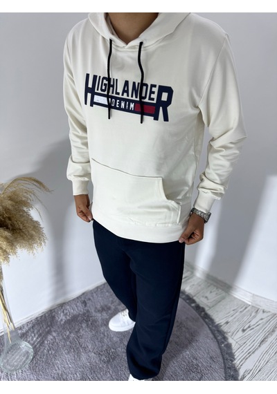 Say-Has Fashion Kapüşonlu Göğüs Baskılı Sweatshirt Bej
